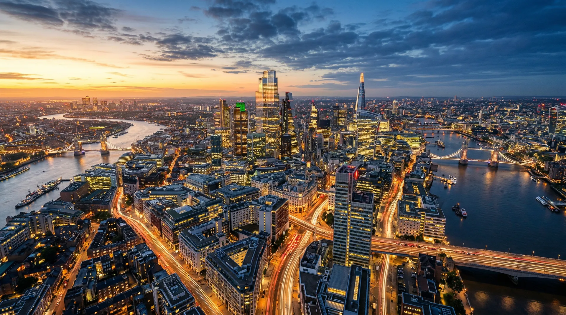 Aerial view of a global financial district at twilight