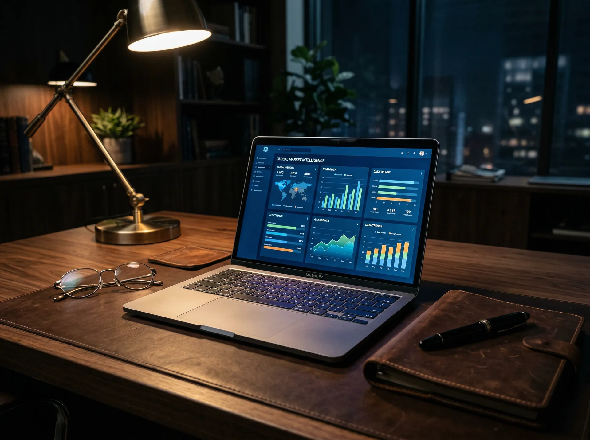 Executive desk with intelligence analytics on laptop screen